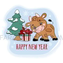 2021 bull found a gift new year cartoon vector illustration