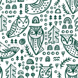 ABSTRACT GREEN OWLS Seamless Pattern Vector Illustration