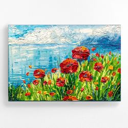 Coast Landscape Oil Painting Poppy Seascape Flower Original Canvas Cliff Impasto Artwork  by Olkosi
