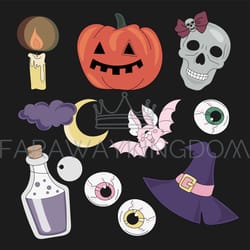 accessories halloween mystic party cartoon vector illustration set for print all files in rgb colors. the set includes