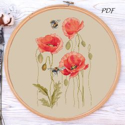Embroidery designs bumblebees in poppies cross stitch design pattern for embroidery pdf