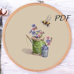 Cross stitch pattern pdf bumblebees with threads and forget-me cross stitch pattern pdf design for embroidery