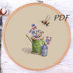 cross stitch pattern pdf bumblebees with threads and forget-me cross stitch pattern pdf design for embroidery