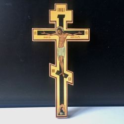 Wooden wall cross with crucifix lithography | Orthodox Russian cross | Size:  10" x 5"