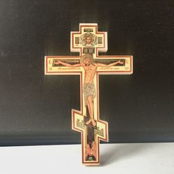 Wooden wall cross with crucifix lithography | MEDIUM Orthodox wooden Russian cross | Size: 6" x 4"