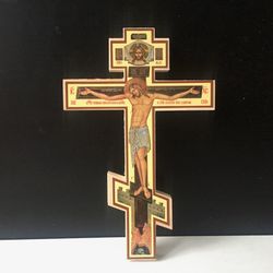 Wooden wall cross with crucifix lithography | Orthodox Russian cross| Size: 8" x 5,5"