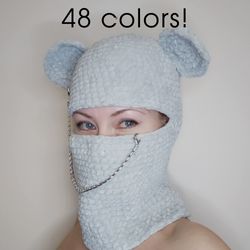 Crazy bear balaclava crochet. 48 colors! Fluffy bear ear hat. Kawaii bear ears helmet. Plush bear full face mask
