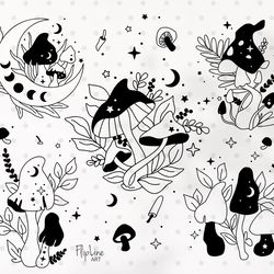 Witchy Magic Mushrooms SVG & PNG bundle clipart, Moon phases