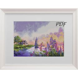 Cross stitch pattern landscape with hause and yacht