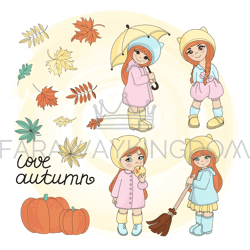 autumn girls children season weather vector illustration set