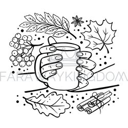 autumn mug in hands hand drawn monochrome vector illustration