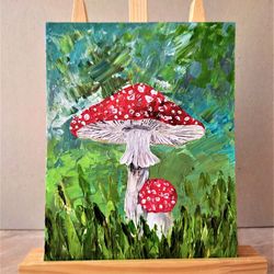 Mushroom painting acrylic, A toadstool, 2 mushrooms, Textured acrylic painting, Framed art