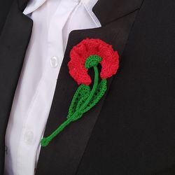 Red carnation flower. Red carnation lapel pin. Crochet flower brooch for women. Daisy floral pin.