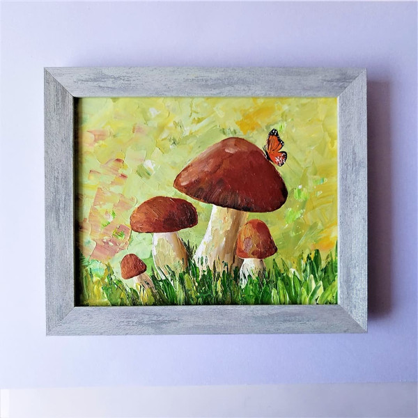 Acrylic-painting-palette-knife-butterfly-monarch-sits-on-a-mushroom