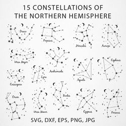 Northern Hemisphere constellations bundle in black, white and gold in EPS, SVG, DXF, PNG, JPG, Astrology, Celestial map