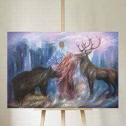 Digital painting "Once in celestial" Deer Bear Print Digital Art Oil painting Canvas