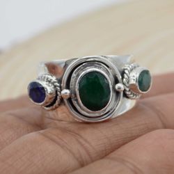 Emerald Men Signet Ring, 925 Silver Oval Handmade Wide Ring, 3 Gemstone Antique Wedding Ring