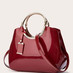 Womens Metal Decor Artificial Patent Leather Top Handle Bag