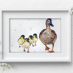 Mallard with ducklings original birds watercolor, bird painting duck watercolor art by Anne Gorywine