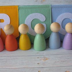 Color Pastel Large 3.2" Wooden Peg dolls - small world play - first birthday gift - Nursery Decor-open ended wooden toy