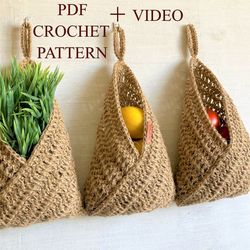 Crocheted Basket Kitchen Decor PDF Pattern Flower Pot Holder Sustainable Gift Crochet tutorial Wall Decor Plant hangers