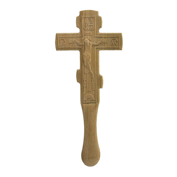 Wooden post-cutting cross made of oak, with a crucifix