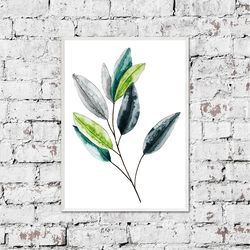 Printable Wall Art, digital art instant download, printable art, home decor, Watercolor green leaves, Watercolor decor