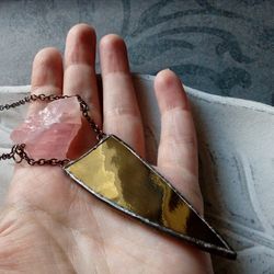 spike necklace, rose quatrz pendant, stained glass necklace, geometric pendant, triangular necklace