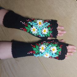 Mittens with embroidery Hand Knitted, embroidered Fingerless Gloves, flowers gloves,Clothing And Accessories.