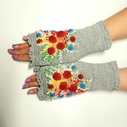 Mittens with embroidery Hand Knitted, embroidered Fingerless Gloves, flowers gloves,Clothing And Accessories.