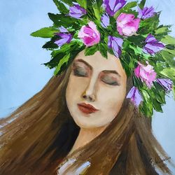 girl with flowers painting original art beautiful women  flowers oil painting girl painting floral art people 12*12