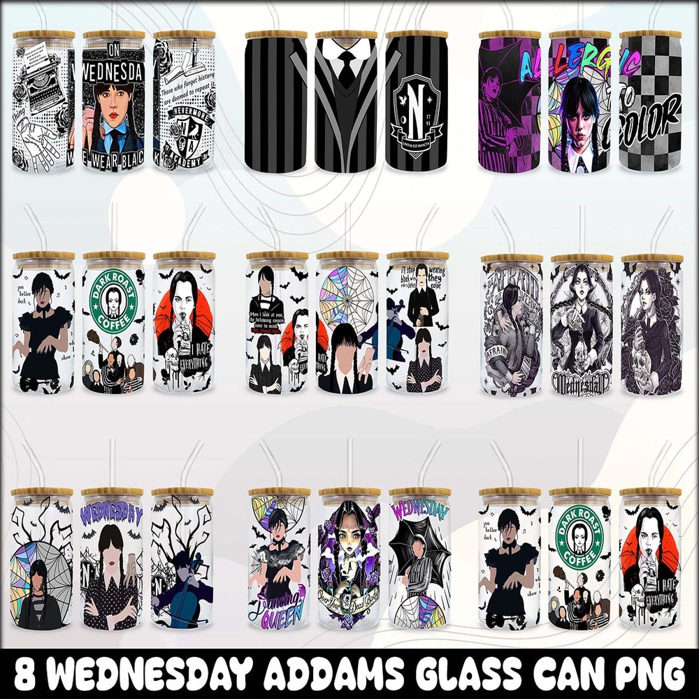 Wednesday Glass Wrap PNG, 16oz Libbey Can Glass, Full Can Wrap,Addams Sublimation Tumbler.jpg