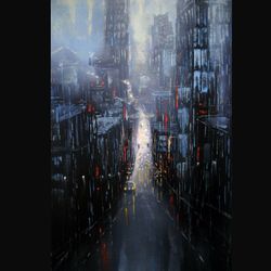 Cyberpunk Painting "NIGHT LIGHTS" Original Oil Painting on Canvas, Modern City Original Art by "Walperion Paintings"