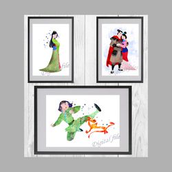 Mulan Set Disney Art Print Digital Files decor nursery room watercolor