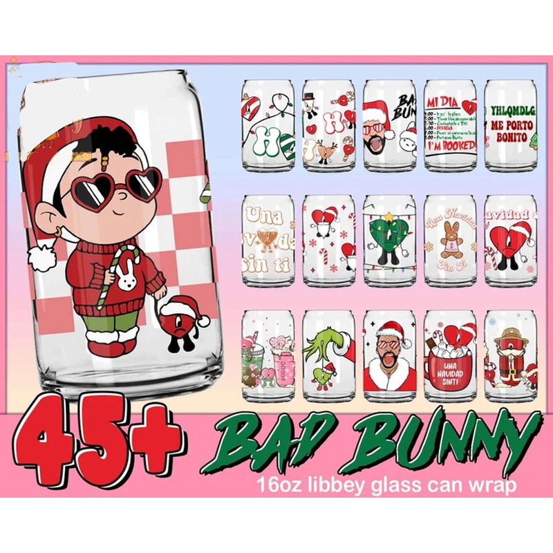 45 Christmas Bad Bunny Glass Can Wrap Png Bundle, Merry Christmas 16oz Libbey Glass Wrap Png, Trend.jpg