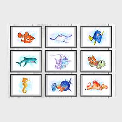 Finding Nemo Set Disney Art Print Digital Files decor nursery room watercolor