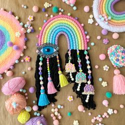 Pastel room decor, Macrame rainbow with cute mushrooms and evil eye, Unique Halloween gift