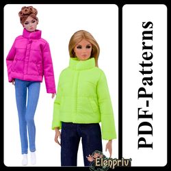 pdf pattern down jacket for 11 1/2 fashion royalty, poppy parker, pivotal, repro, curvy, made-to-move, silkstone barbie