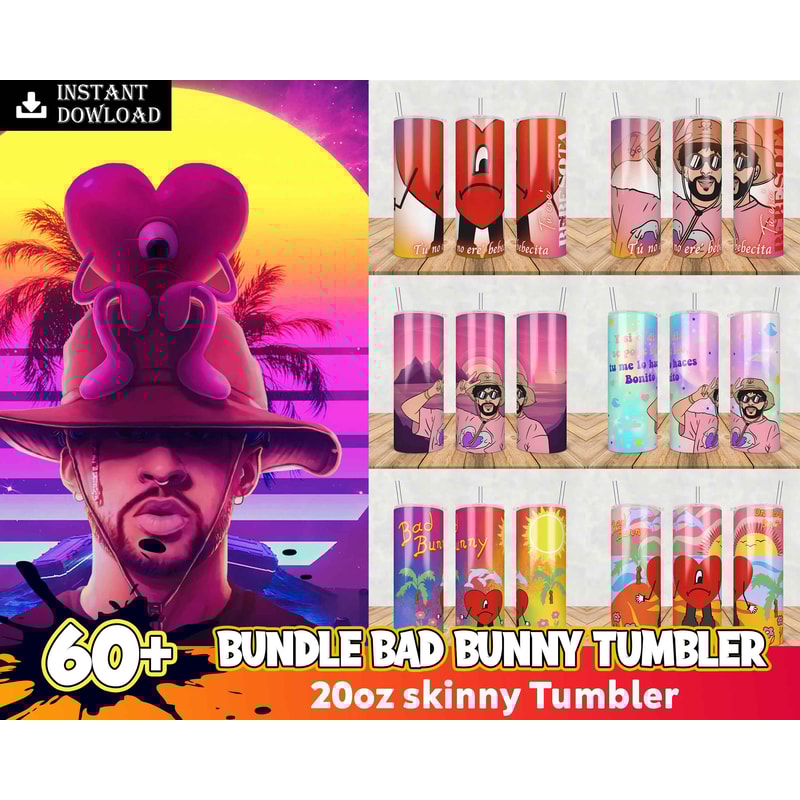 New 60 Bad Bunny 20oz Skinny Tumbler Sublimation Designs for Straight Tumbler Design, PNG Digital Download.jpg