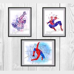 Spider-Man Marvel Superhero set Art Print Digital Files decor nursery room watercolor