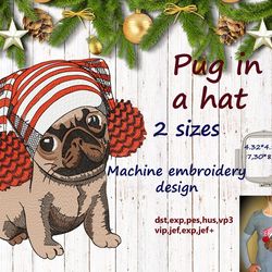 PUG IN A HAT 2 sizes  Embroidery Design DIGITAL EMBROIDERY