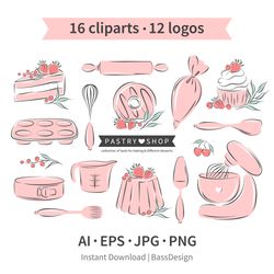 Tools for baking set. Different desserts. Cake shop logos. Clipart, Instant Download. AI, EPS, JPG, PNG.