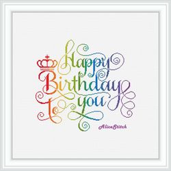 Cross stitch pattern inscription Happy Birthday letters calligraphic rainbow monochrome counted crossstitch patterns PDF