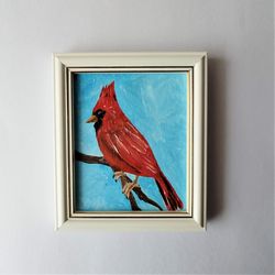Red cardinal wall art, Small wall decor, Mini painting, Little bird painting