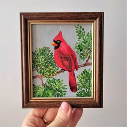 Little bird painting, Mini painting, Red cardinal wall art, Small wall decor