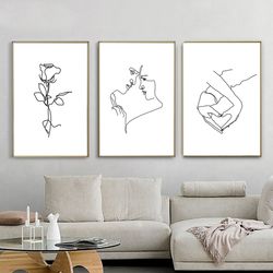 love poster line drawing set of 3 prints couple wall art hands love printable art hand line art valentines day gifts