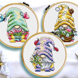 Flower gnome cross stitch pattern, Small cross stitch, Plastic canvas cross stitch, Spring cross stitch, Digital PDF