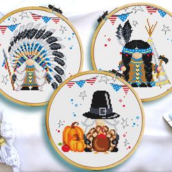 Gnome cross stitch pattern, Indian cross stitch, Pumpkin cross stitch, Fall cross stitch, Thanksgiving day cross stitch