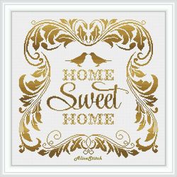 Cross stitch pattern Home Sweet Home Inscription Monochrome Floral frame bird panel counted crossstitch patterns PDF