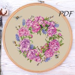 Cross stitch pattern wreath with peonies and muscari cross stitch design pattern for embroidery pdf